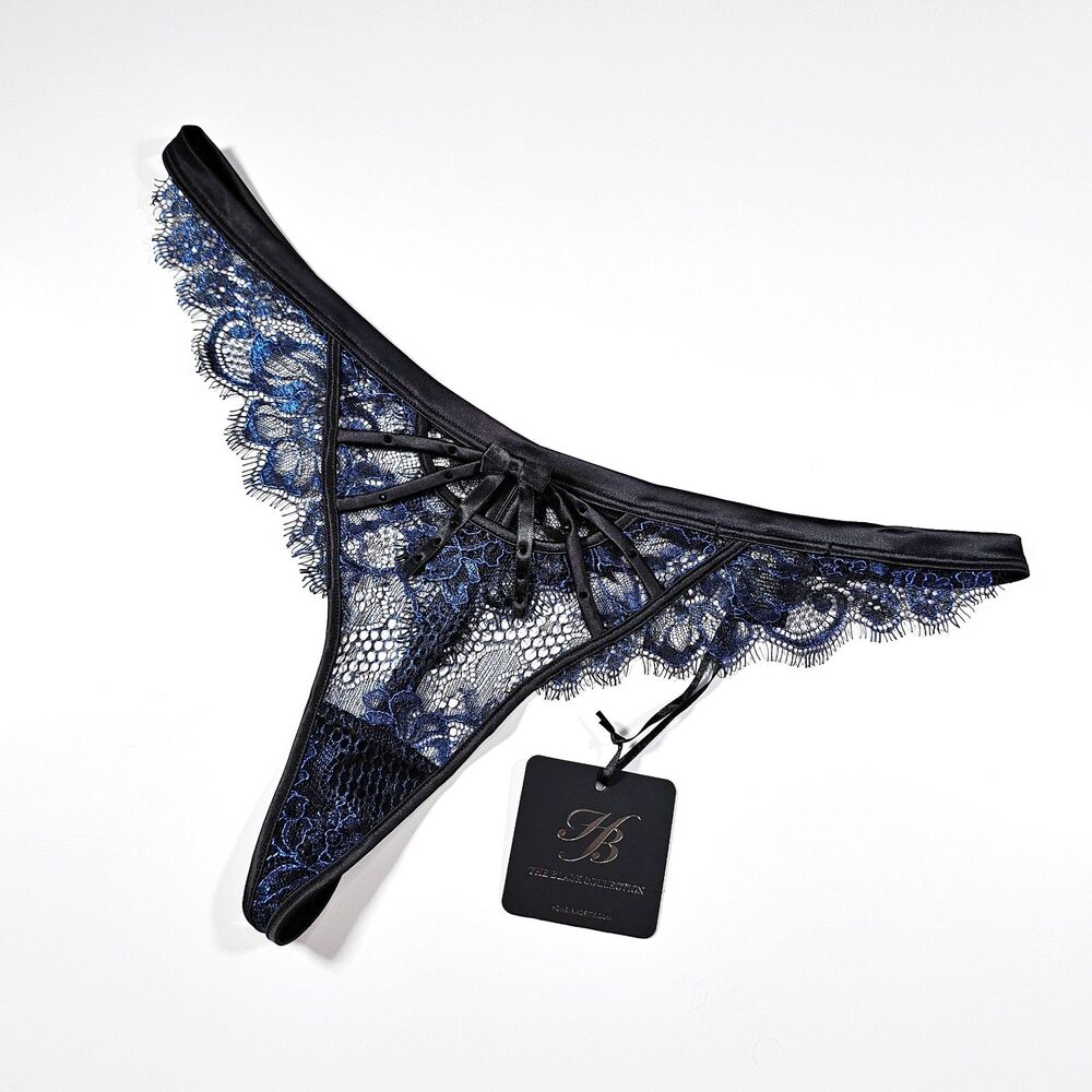 Honey Birdette Madame Sapphire Blue & Black Lace Thong Panty Size L